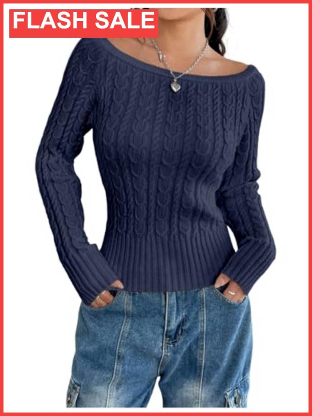 Cable Knit Off Shoulder Boat Neck Pullover Sweater Slim Fit